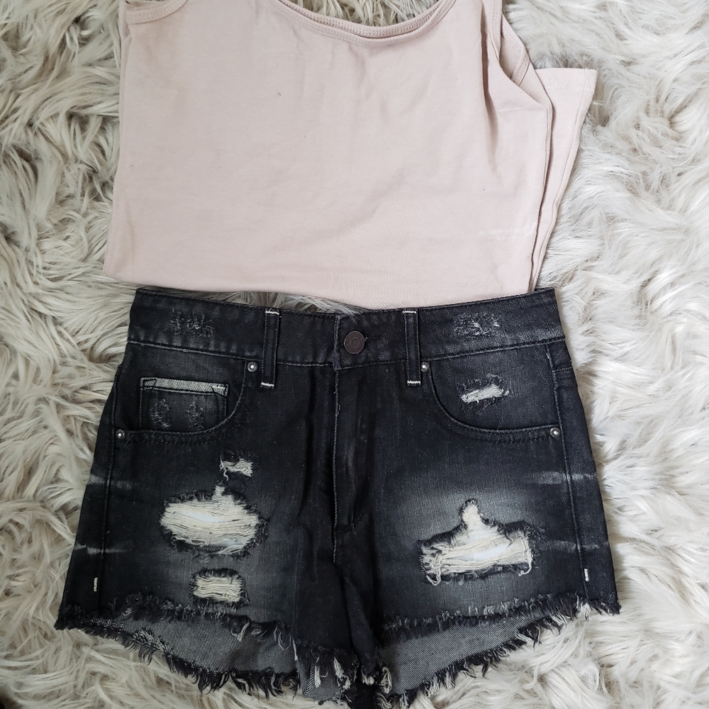 Distressed black high waisted jean shorts